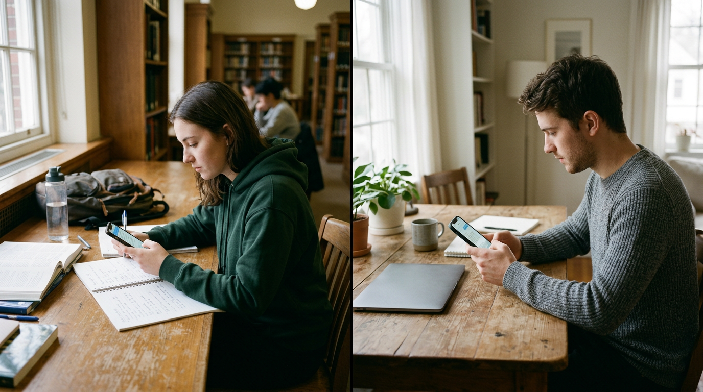 纪实风格图片：学生和自由职业者分别处于分屏式的不同工作环境中，使用智能手机处理日常短任务，例如复习笔记和起草消息；室内光线真实自然，氛围平静且高效，构图自然；不...