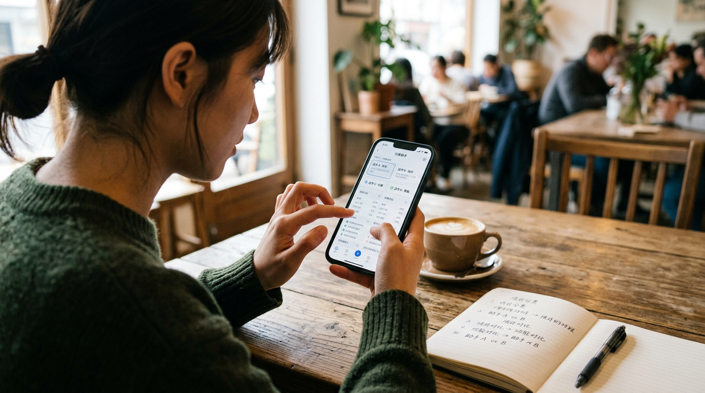 真实近景画面：一位用户坐在咖啡馆桌边，用智能手机对比分类助手选项，旁边放着笔记本和笔；手部姿势自然，浅景深，柔和日光，真实的编辑部科技摄影风格；不要文字覆盖，不...