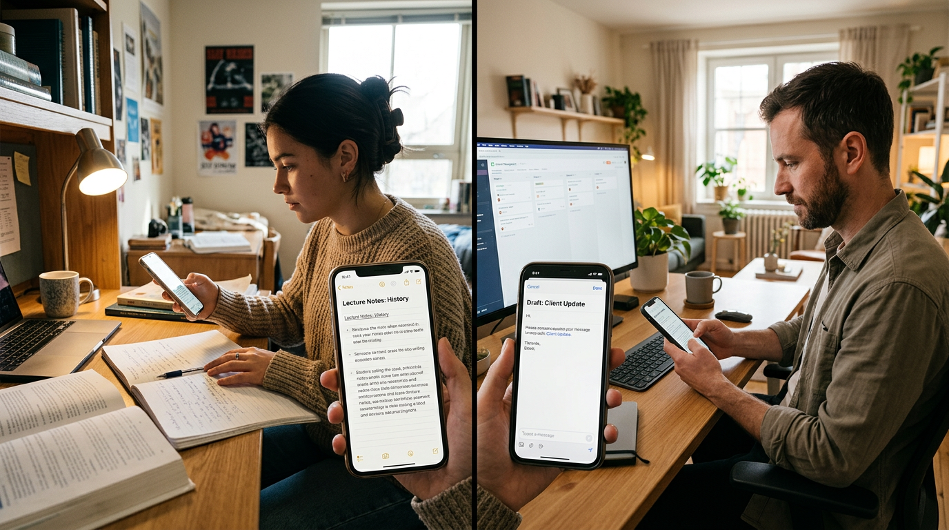 학생과 프리랜서가 서로 다른 분할 장면의 작업 환경에서 스마트폰으로 노트 복습과 메시지 초안 작성 같은 짧은 일상 작업을 하는 다큐멘터리 스타일...