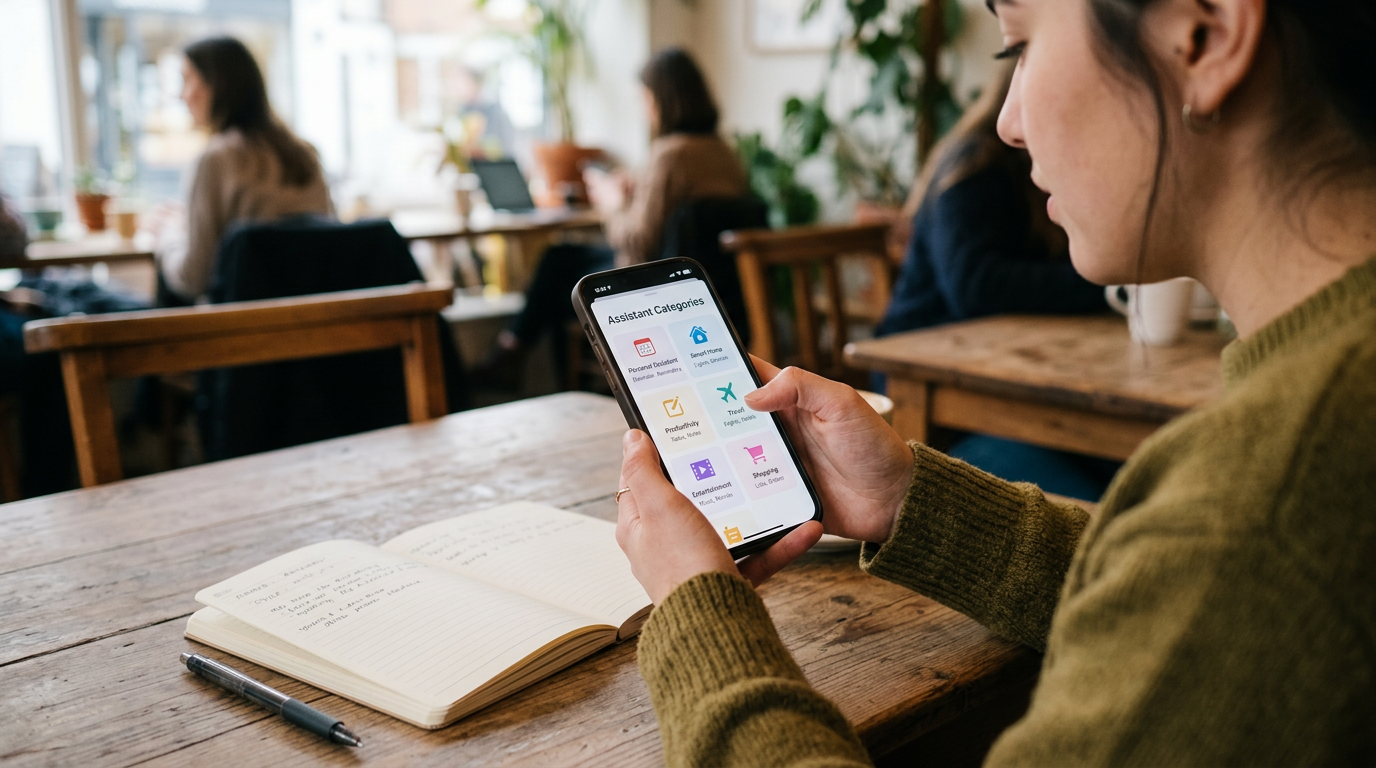 카페 테이블에 앉아 노트와 펜을 옆에 둔 사람이 스마트폰에서 카테고리형 어시스턴트 옵션을 비교하는 사실적인 클로즈업 장면. 자연스러운 손 자세,...