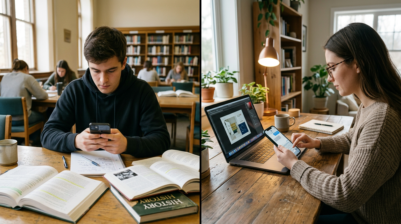 Image de style documentaire montrant un étudiant et un freelance dans deux envir...