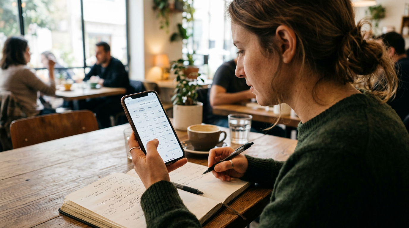 סצנת תקריב ריאליסטית של אדם המשווה בין אפשרויות של עוזרים לפי קטגוריות על סמארטפ...