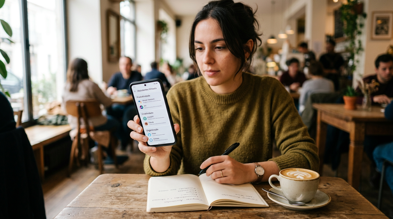 Cena realista em close de uma pessoa comparando opções de assistentes categoriza...