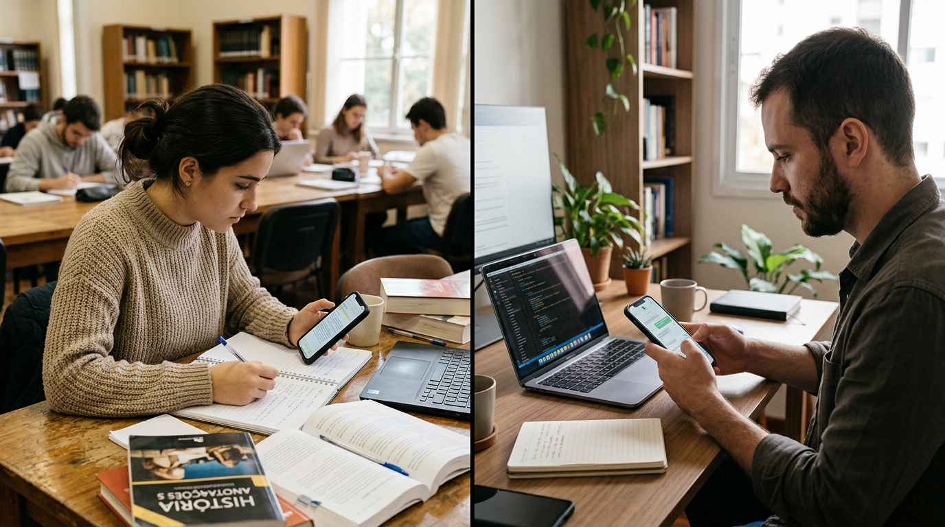 Imagem em estilo documental de um estudante e um freelancer em ambientes de trab...