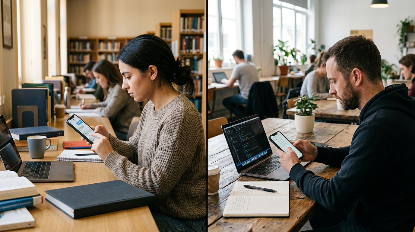 Documentaireachtige afbeelding van een student en een freelancer in aparte, gesp...