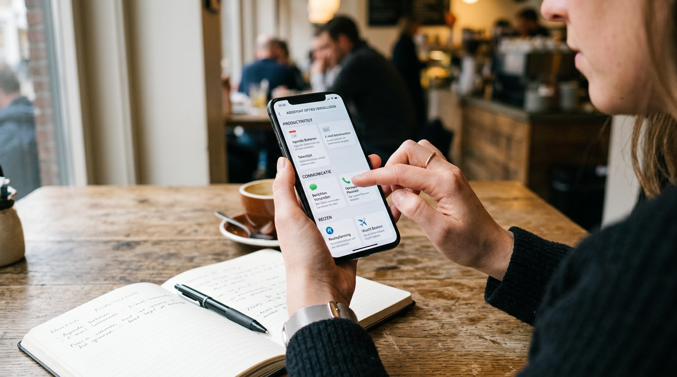 Realistische close-up van iemand die gecategoriseerde assistentopties vergelijkt...