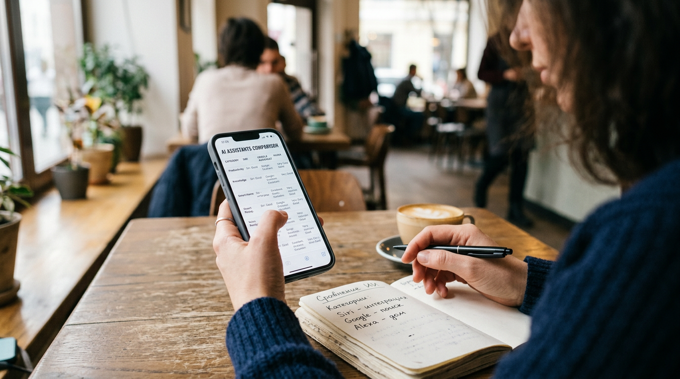 Реалистичный крупный план: человек сравнивает на смартфоне помощников по категор...