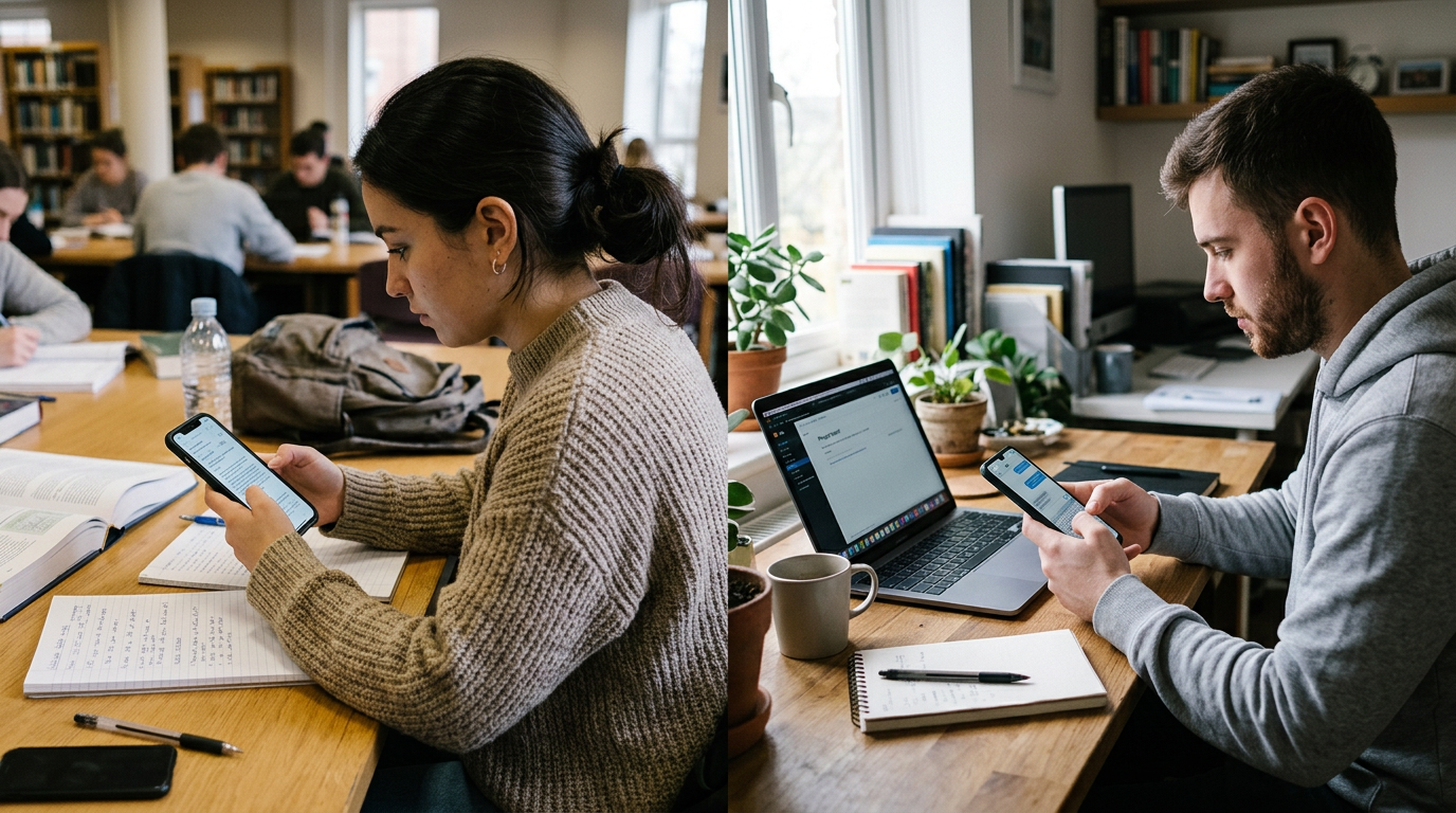 Документальный кадр: студент и фрилансер в двух разных рабочих пространствах исп...