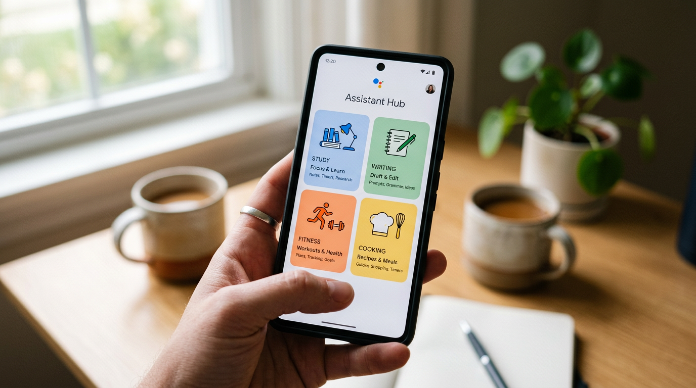 A realistic close-up of a smartphone held in one hand showing a neatly organized...