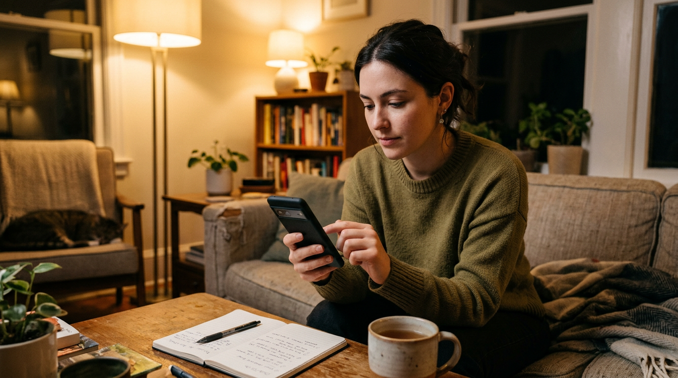 A realistic everyday scene of a person switching between practical mobile tasks ...