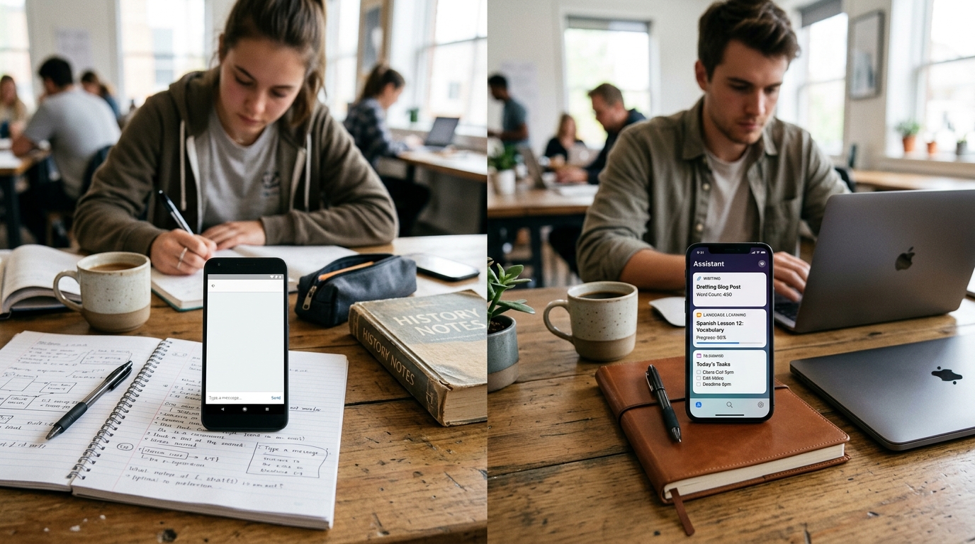 학생과 프리랜서의 책상 구성을 나란히 보여주는 모바일 생산성 장면