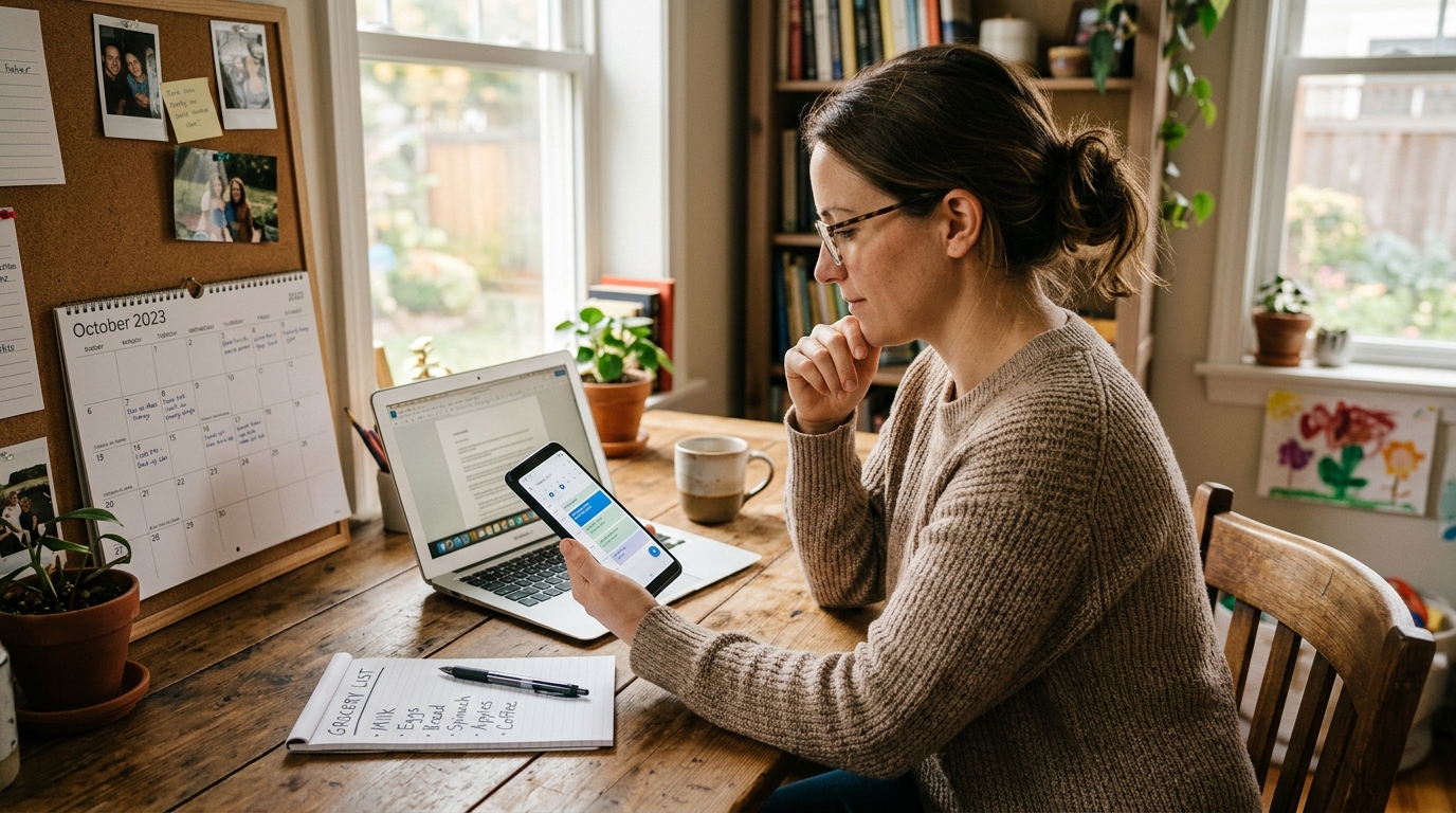 부모가 스마트폰으로 하루 계획을 검토하는 홈오피스 장면