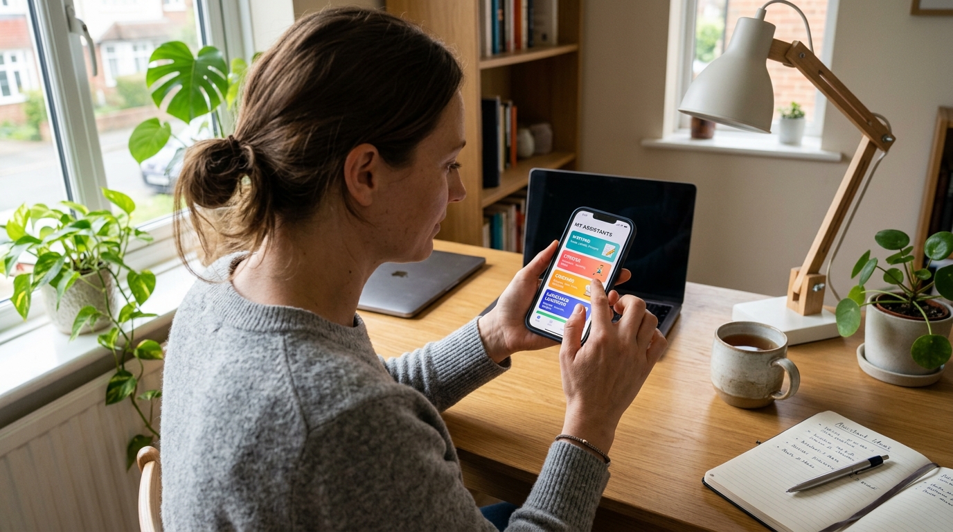 Eine realistische Planungsszene mit Smartphone-Oberfläche, in der eine Person organisierte...