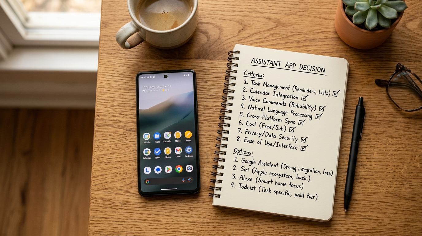 Ein realistisches Foto eines Arbeitsplatzes von oben mit Smartphone, Notizen und einer e...