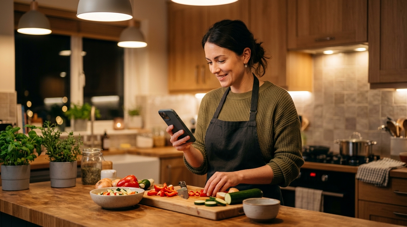 Een moderne keukenomgeving. Een persoon houdt een smartphone vast in één hand en kijkt gefocust terwijl er ingrediënten op een snijplank liggen.