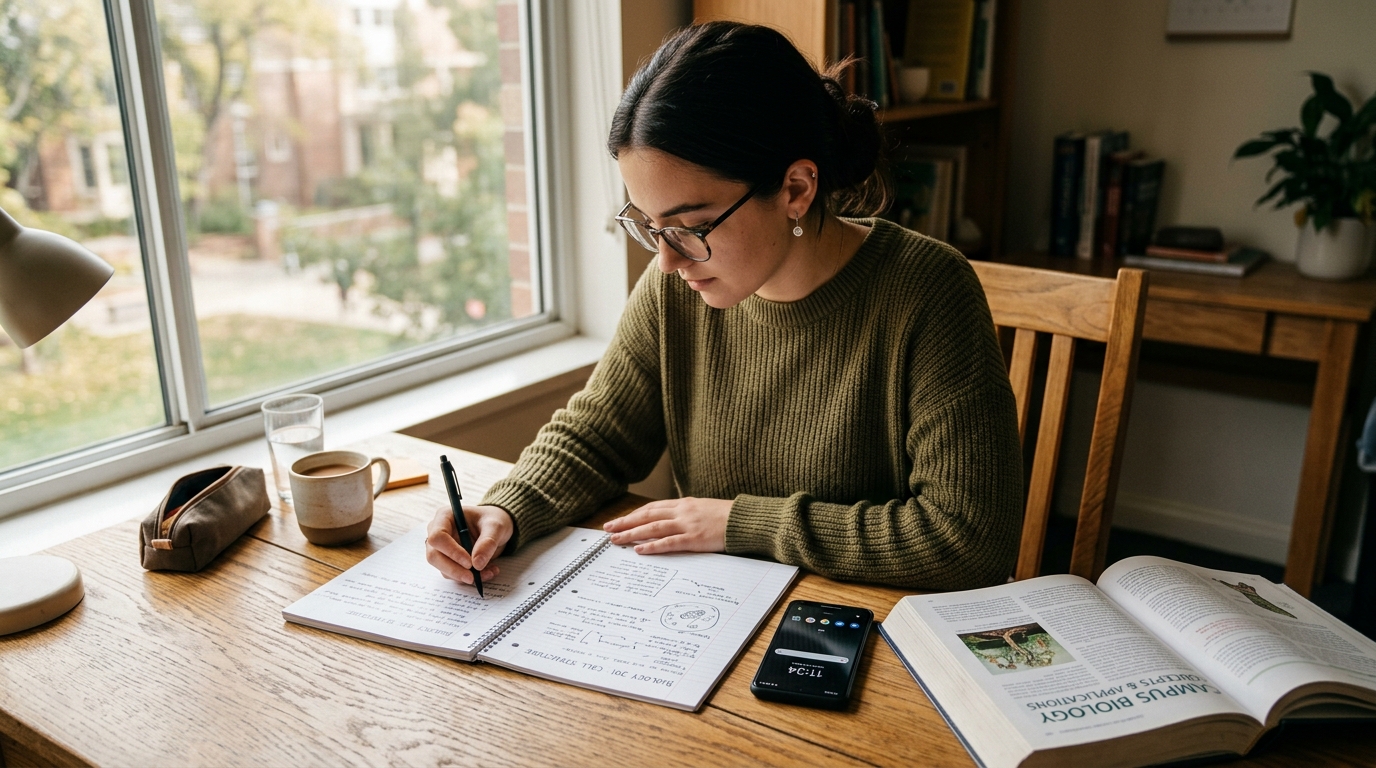 Een gefocuste student die aan een goed verlicht houten bureau zit en handgeschreven aantekeningen doorneemt met een smartphone als studiepartner.