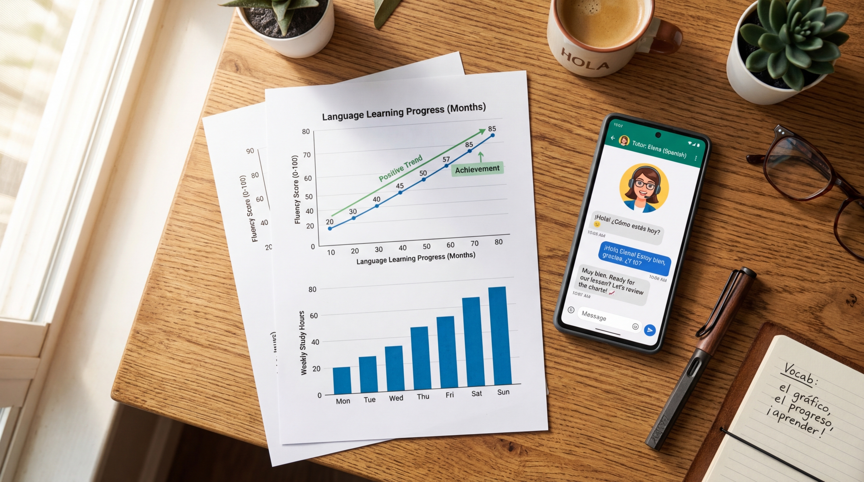 An overhead shot of a wooden desk featuring printed data charts showing positive...