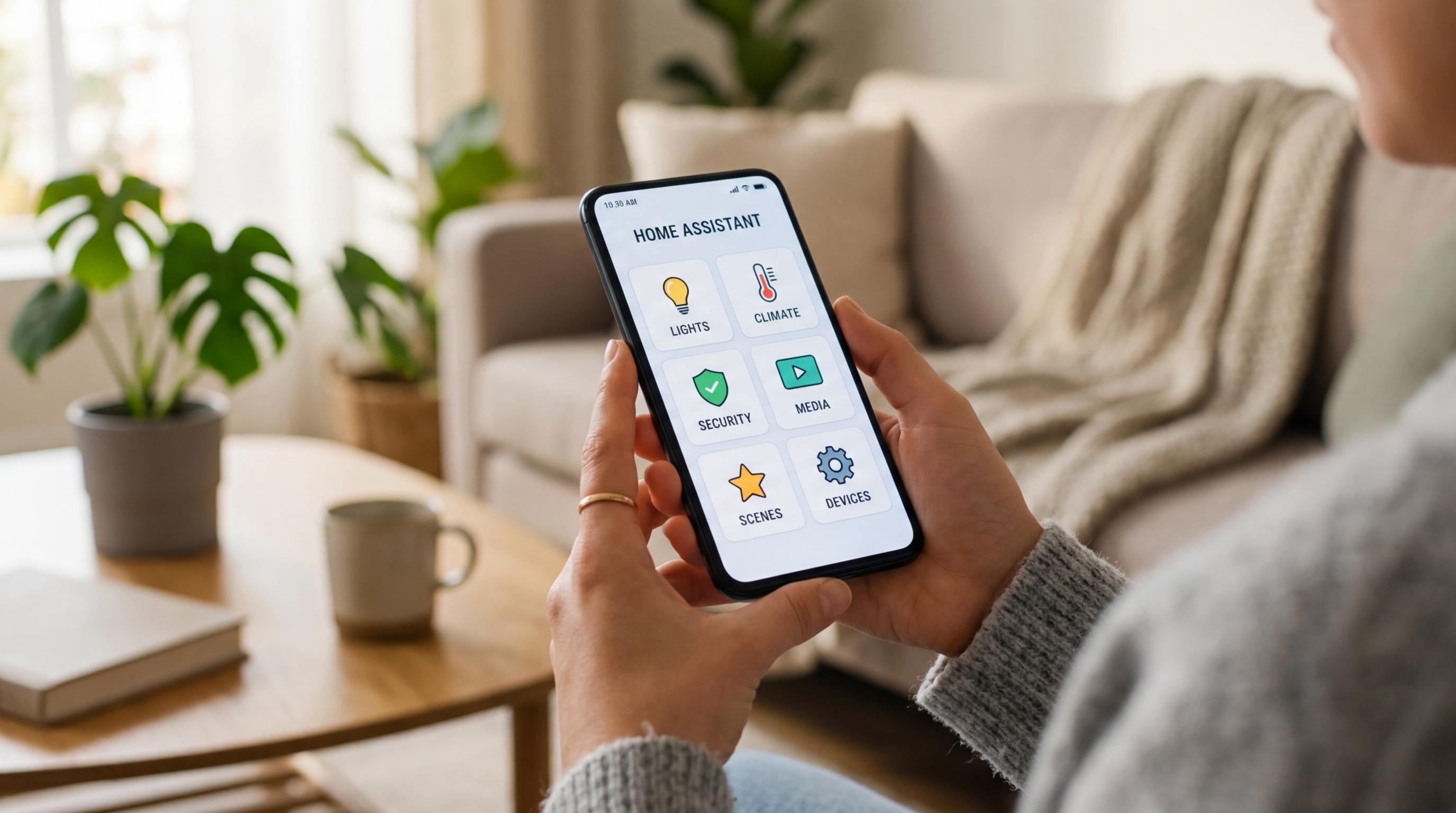 A close-up of a person's hands holding a modern smartphone in a cozy home enviro...