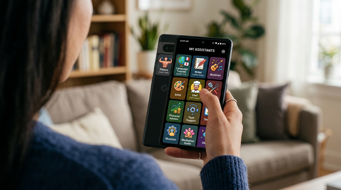 Nahaufnahme einer Person, die ein Smartphone mit einem Chat-Interface hält.