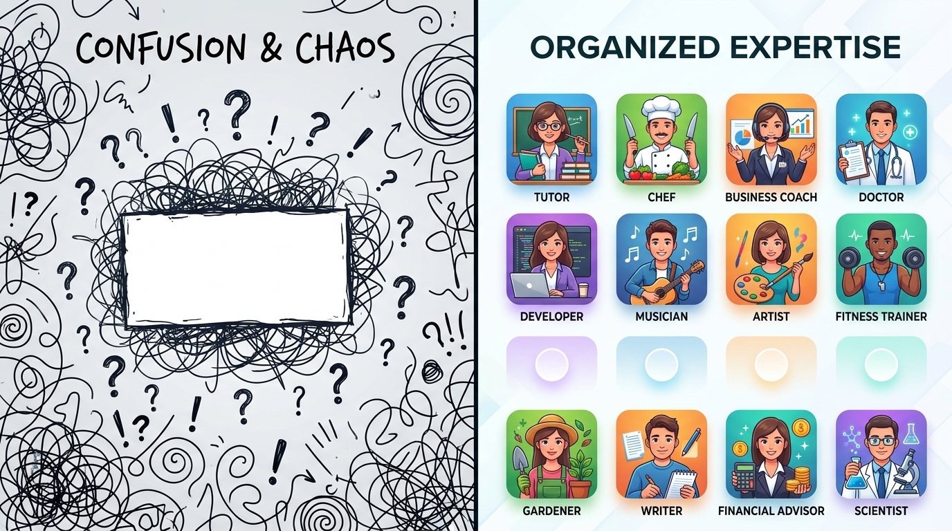 Un visual concettuale a schermo diviso che mostra una confusionaria interfaccia bianca vuota rispetto a un assistente AI strutturato