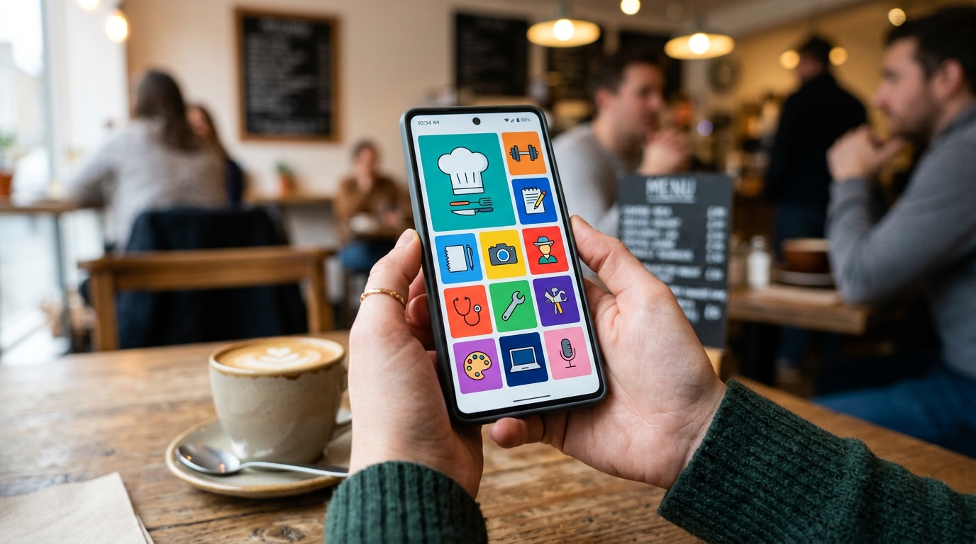 Primo piano delle mani di una persona che tiene uno smartphone in un bar. Lo schermo mostra una griglia di icone colorate.