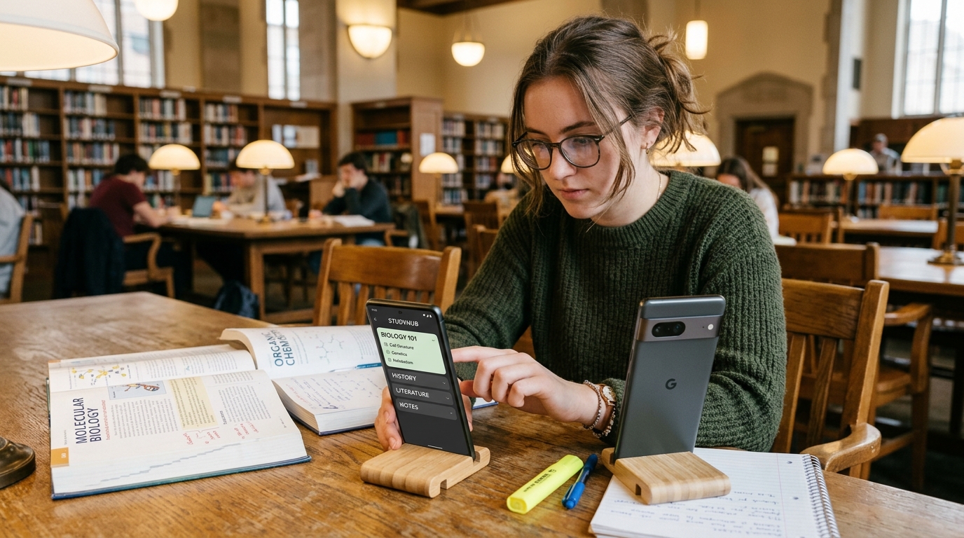 Uno studente universitario concentrato seduto a una scrivania della biblioteca, che interagisce con uno smartphone.
