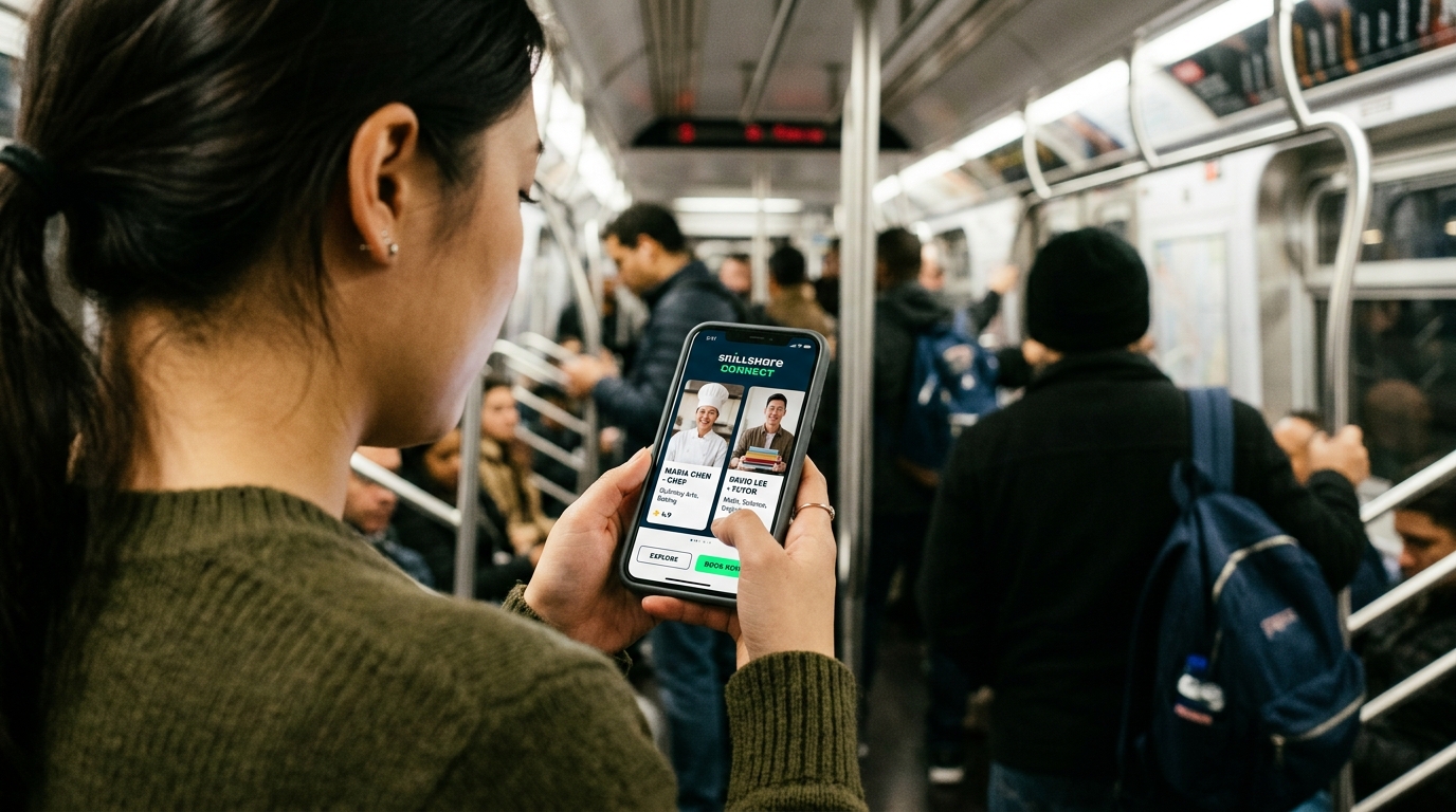 צילום מקרוב מעבר לכתף של אדם מחזיק סמארטפון ברכבת תחתית עמוסה, הממחיש אינטראקציות דיגיטליות מהירות.