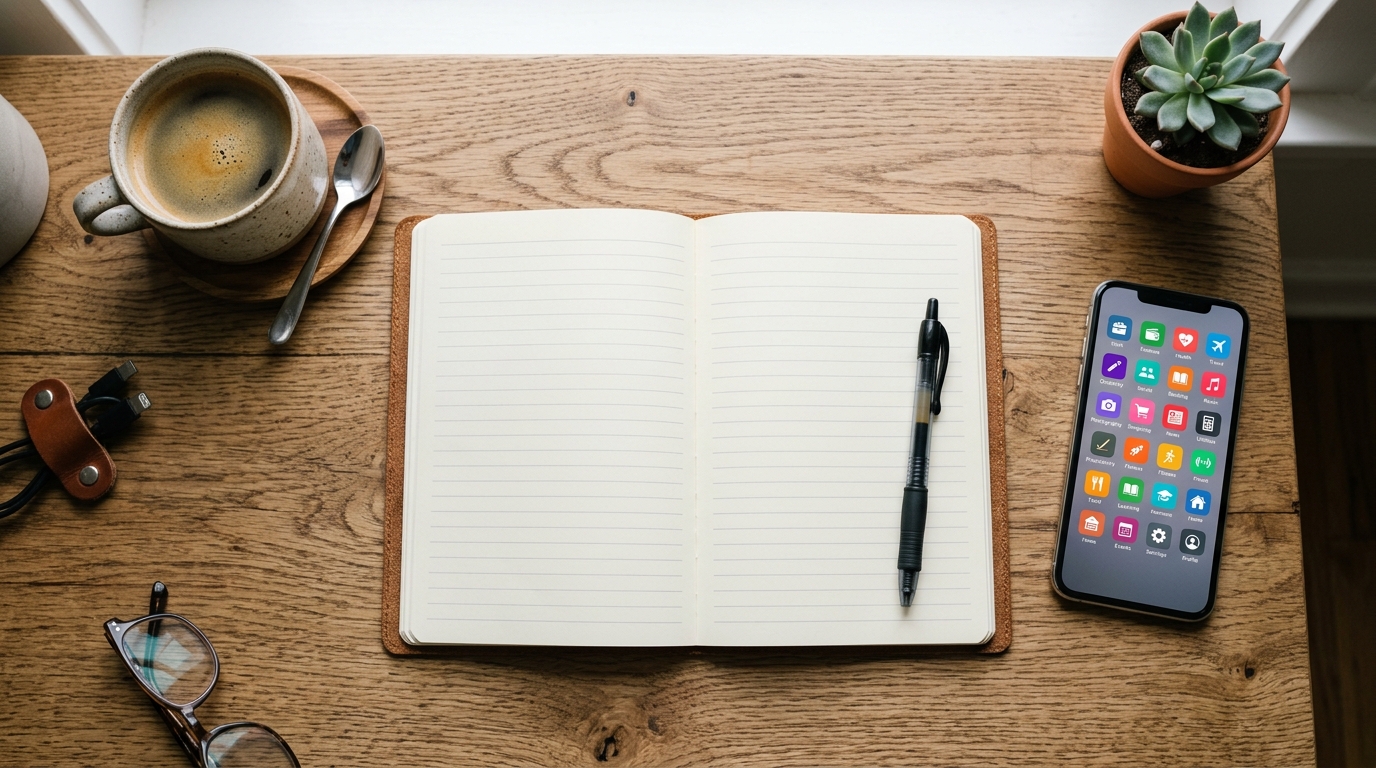 מבט מלמעלה על שולחן עץ מאורגן הכולל מחברת ריקה וסמארטפון, המסמל את החיכוך בממשקי 'תיבה ריקה'.