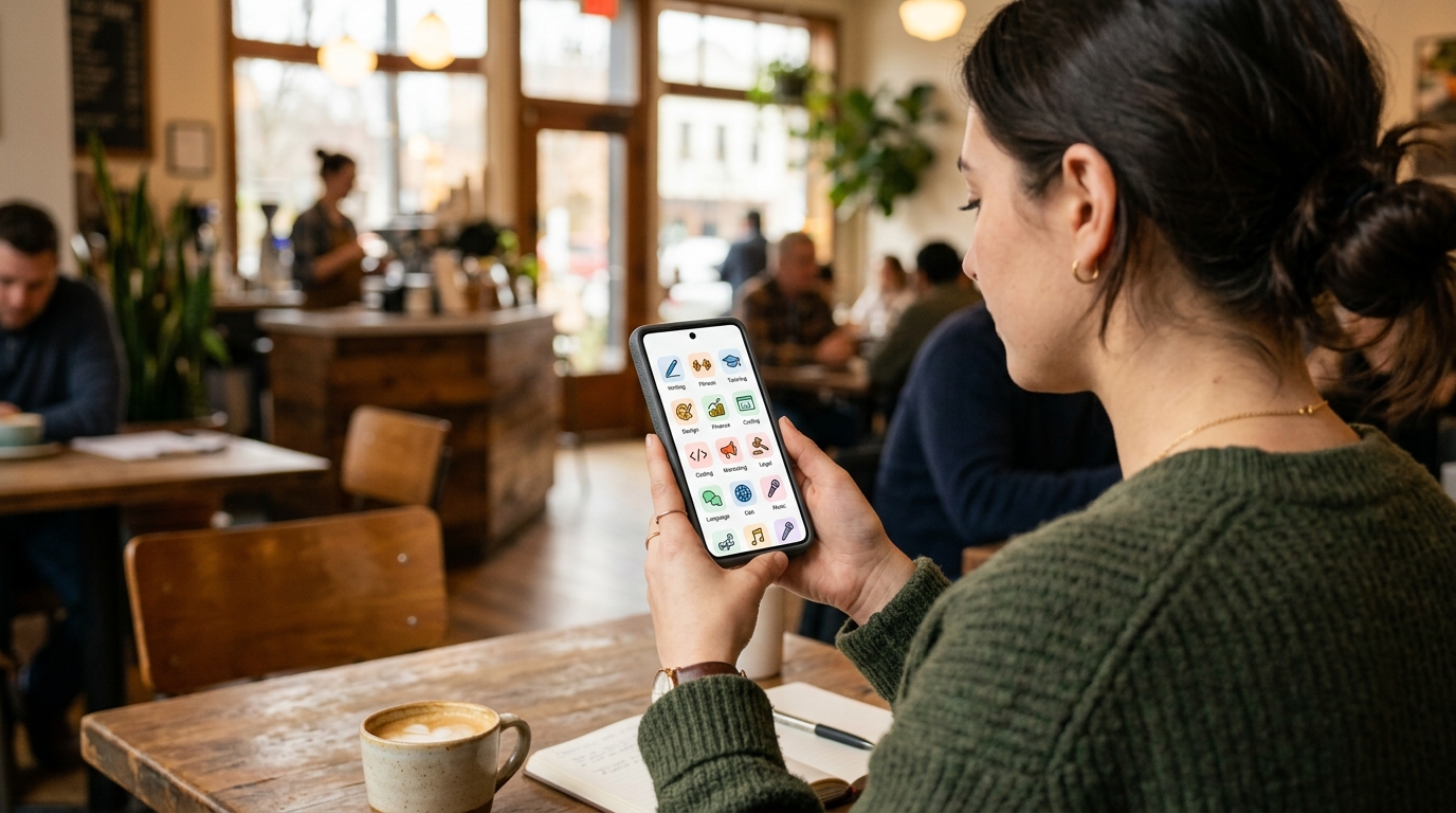 커피숍에서 모바일 AI 앱을 사용하는 젊은 전문가의 어깨 너머 근접 촬영 샷.