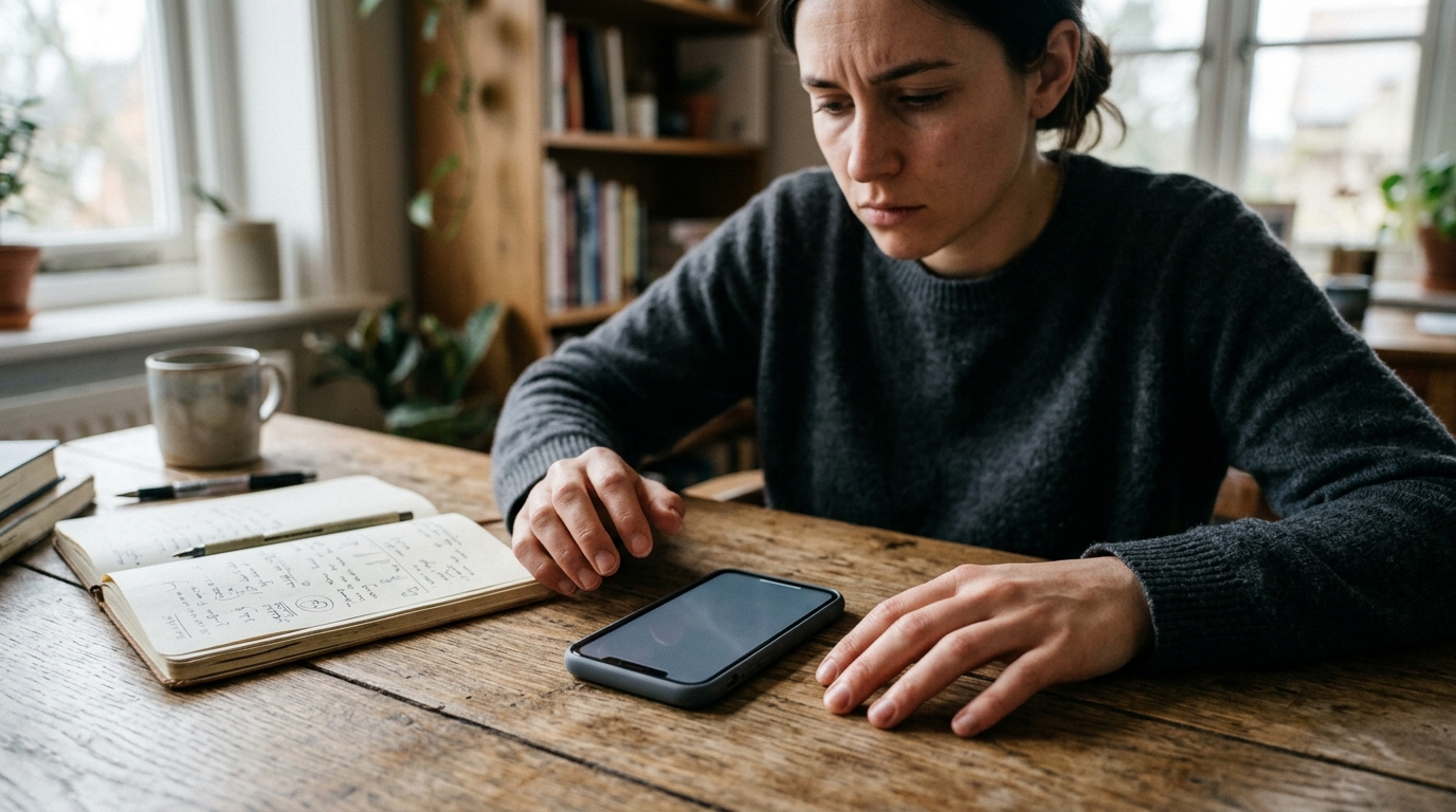 스마트폰 화면의 빈 인터페이스 때문에 좌절감을 느끼는 모습을 담은 개념적 사진.