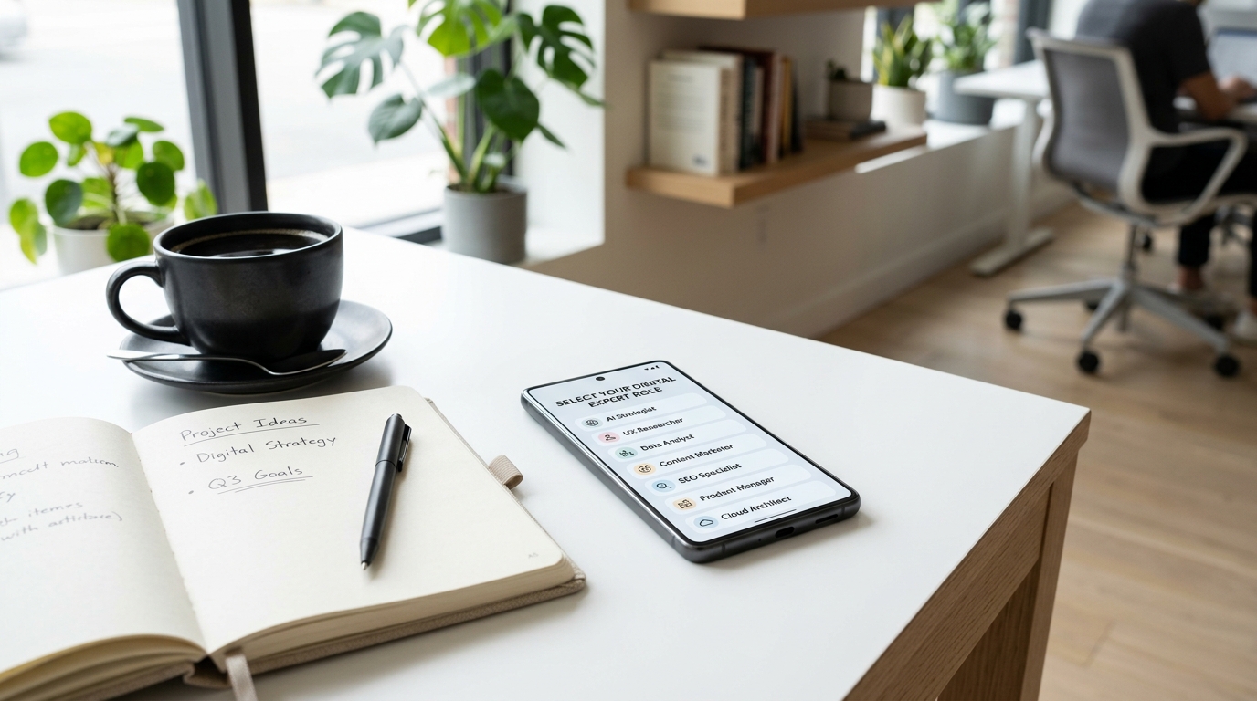 A modern workspace setting featuring a notebook, a cup of black coffee, and a smartphone.