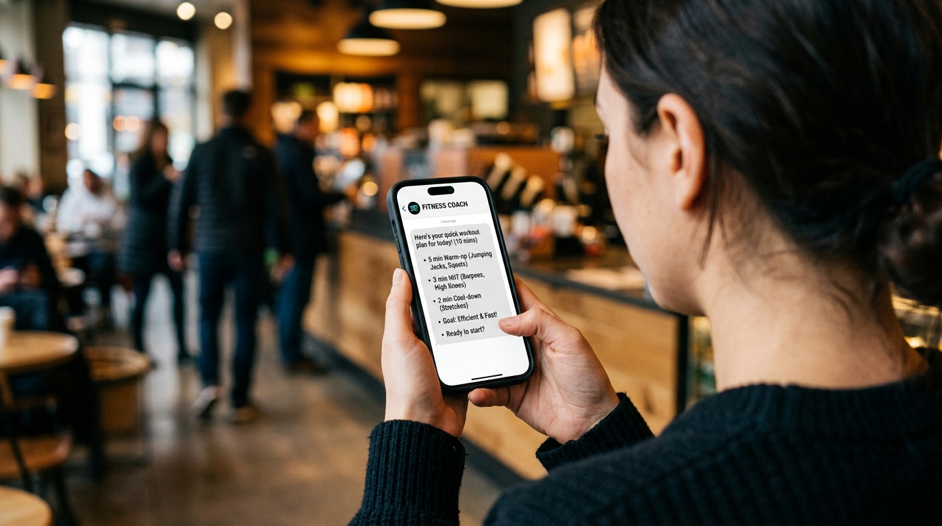 A close-up over-the-shoulder shot of a person holding a smartphone in a bustling city environment.