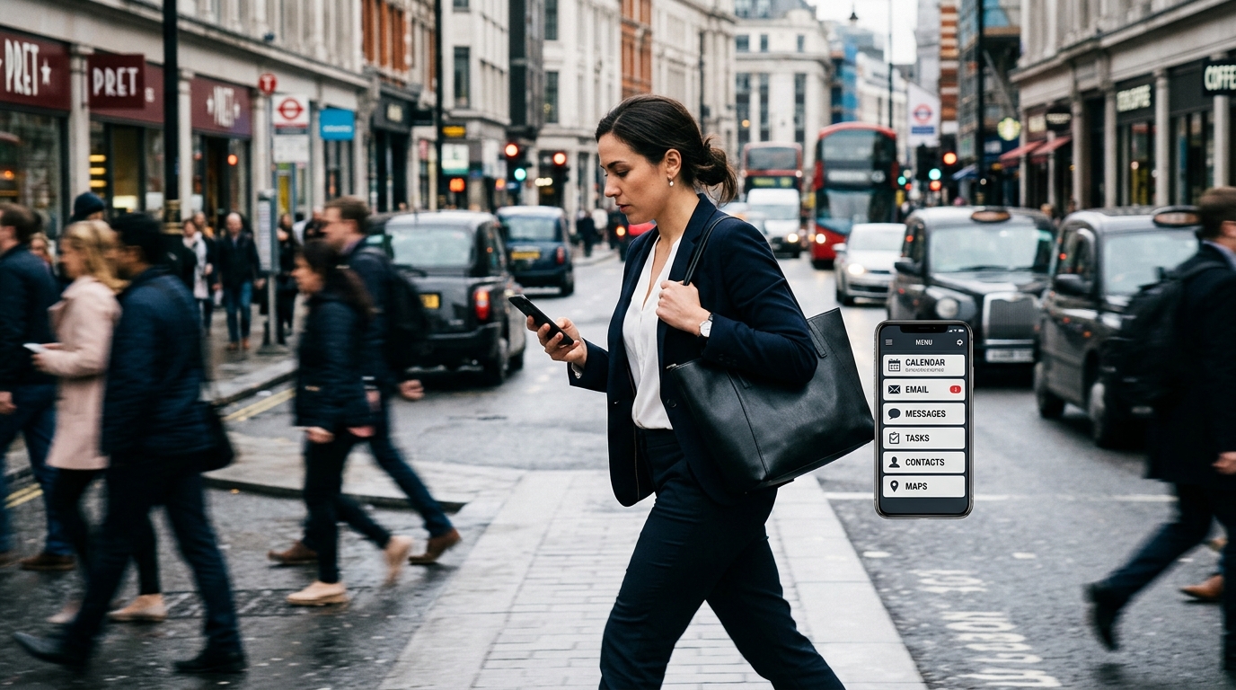 איש מקצוע עסוק משתמש באפליקציית AI מונחית