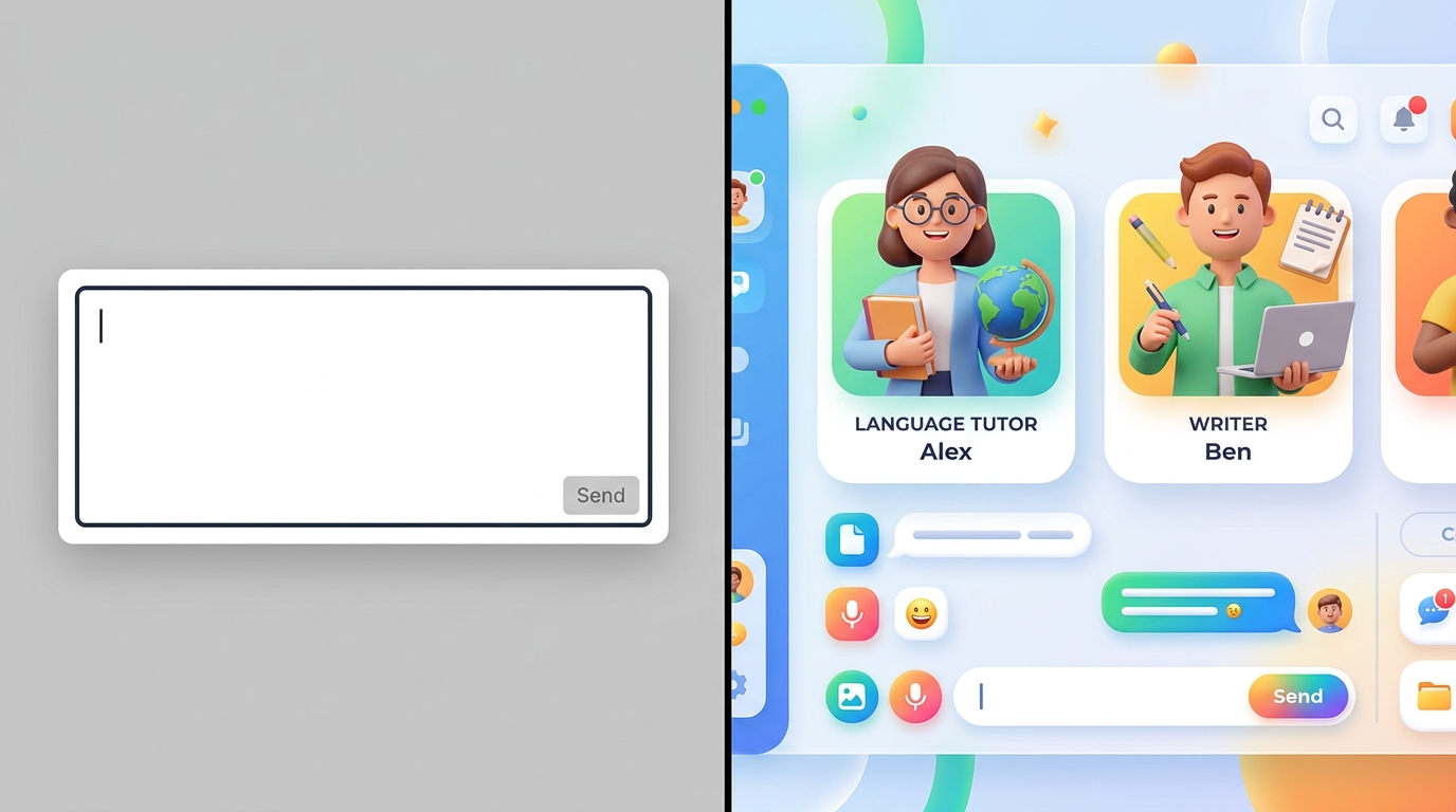 הדמיה קונספטואלית של מסך חצוי: מסך AI ריק לעומת ממשק מבוסס קטגוריות