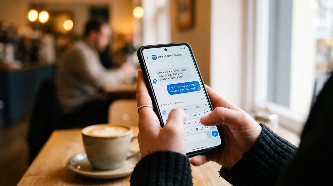 温馨咖啡馆背景下，一个人手握智能手机的近景