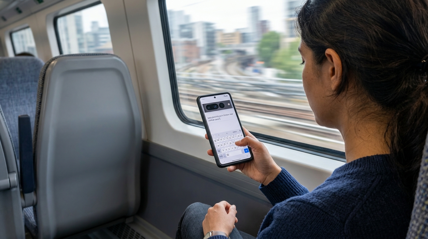 Gros plan par-dessus l'épaule d'une personne assise dans un train moderne, tenant...