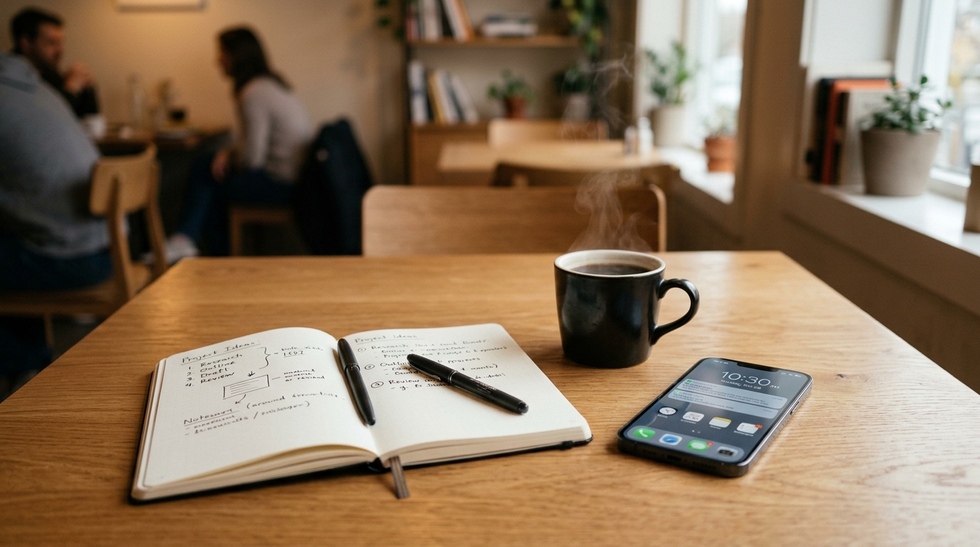 Ein minimalistisch organisierter Schreibtisch mit einem Laptop, Notizbuch und einer Tasse Kaffee.
