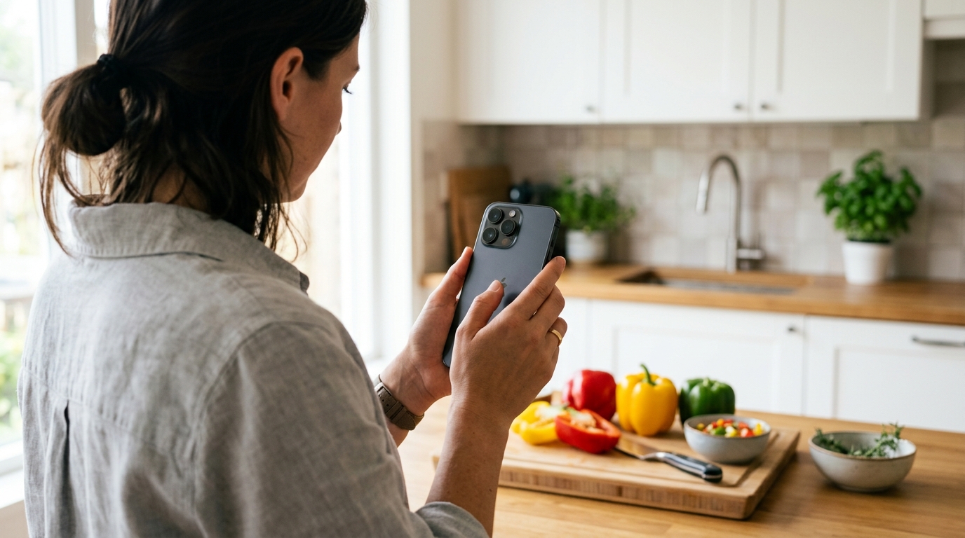 Nahaufnahme über die Schulter einer Person, die ein Smartphone in einer hellen Küche hält.