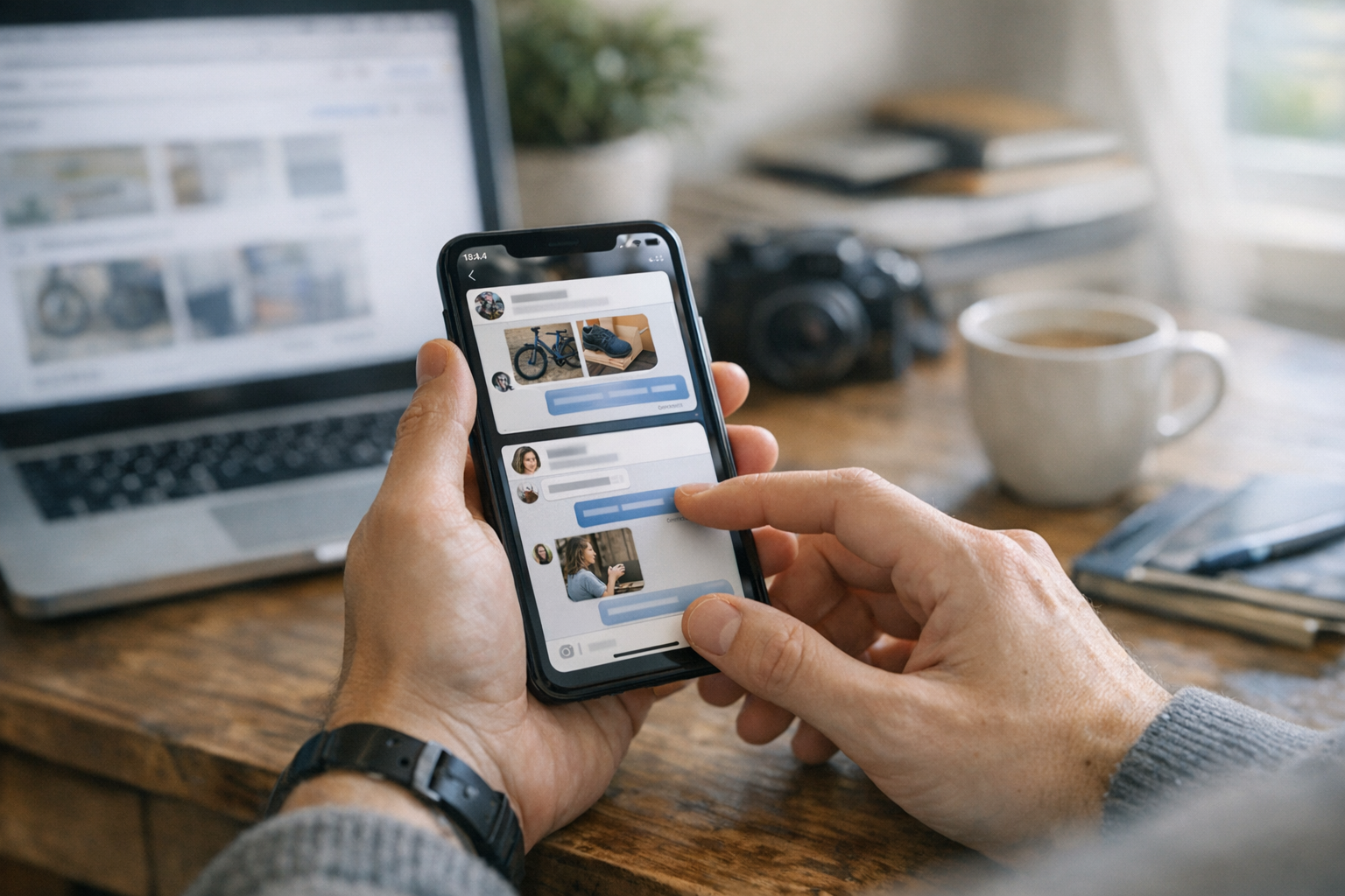 A realistic scene of a person using one smartphone to manage separate personal a...