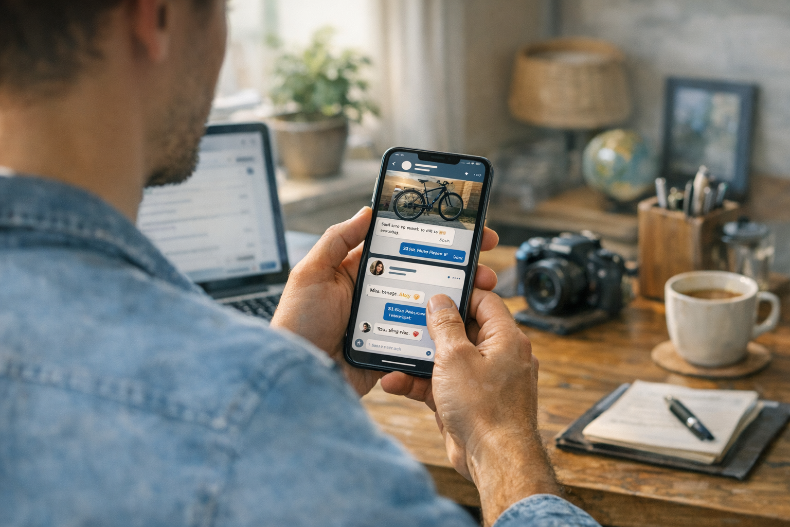 Une scène réaliste montrant une personne utilisant un seul smartphone pour gérer...