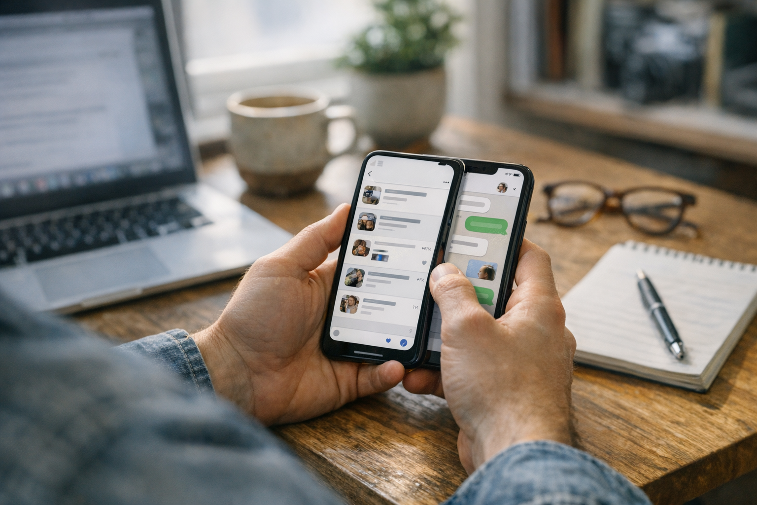 En realistisk scene, hvor en person bruger én smartphone til at håndtere adskilt...