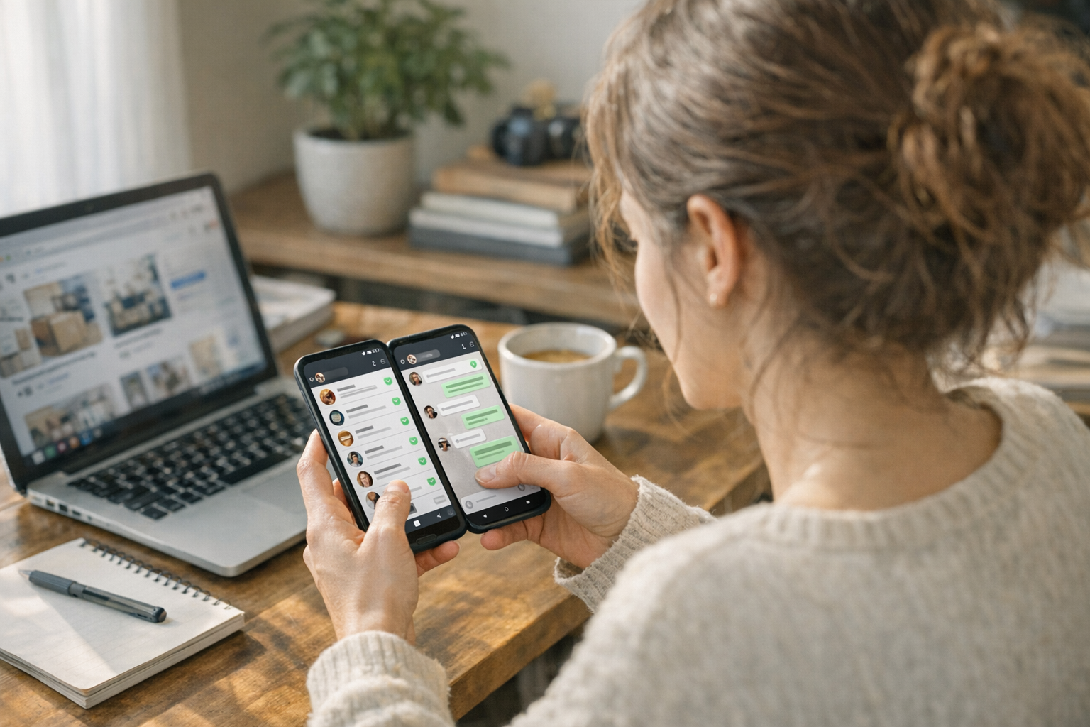 Adegan realistis seseorang menggunakan satu smartphone untuk mengelola komunikas...