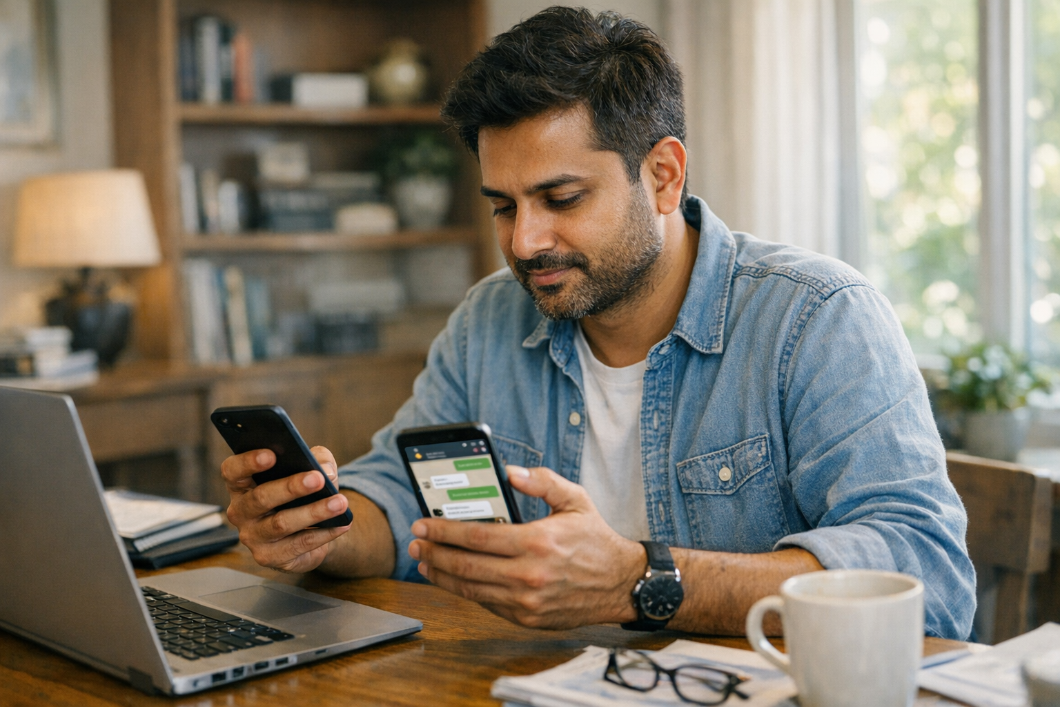 घर के ऑफिस जैसे वातावरण में एक व्यक्ति का वास्तविक दृश्य, जो एक ही स्मार्टफ़ोन प...