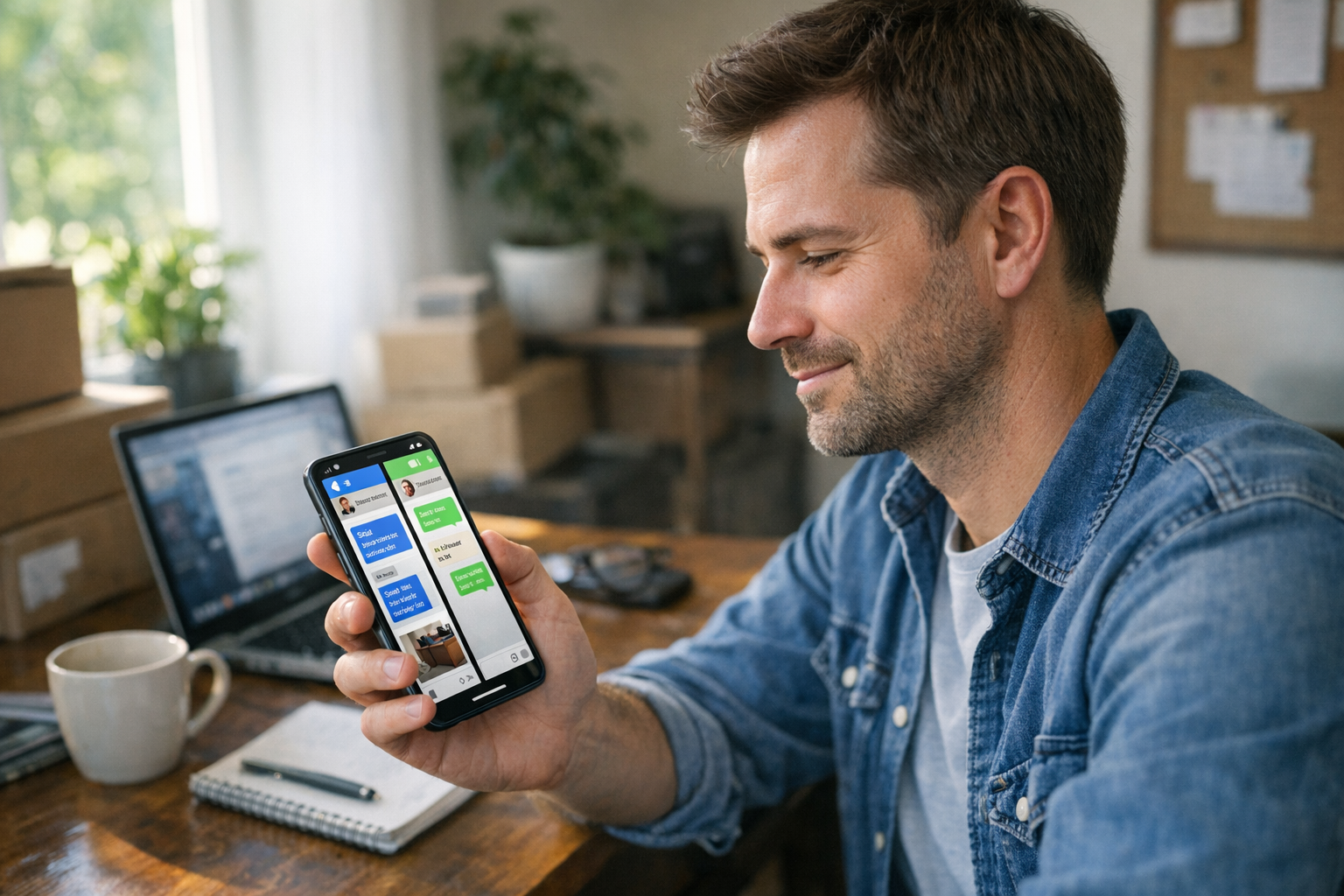 Valósághű jelenet egy személyről, aki egyetlen okostelefonnal kezeli külön a sze...