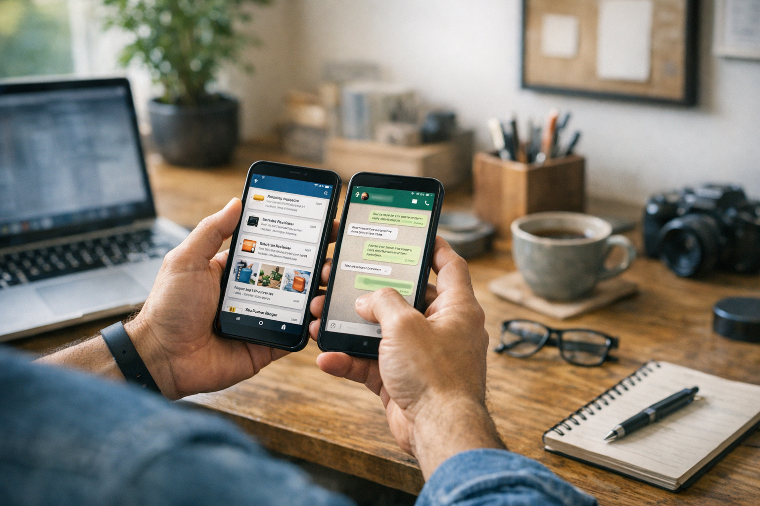 مشهد واقعي لشخص يستخدم هاتفًا ذكيًا واحدًا لإدارة اتصالاته الشخصية والعامة بشكل ...