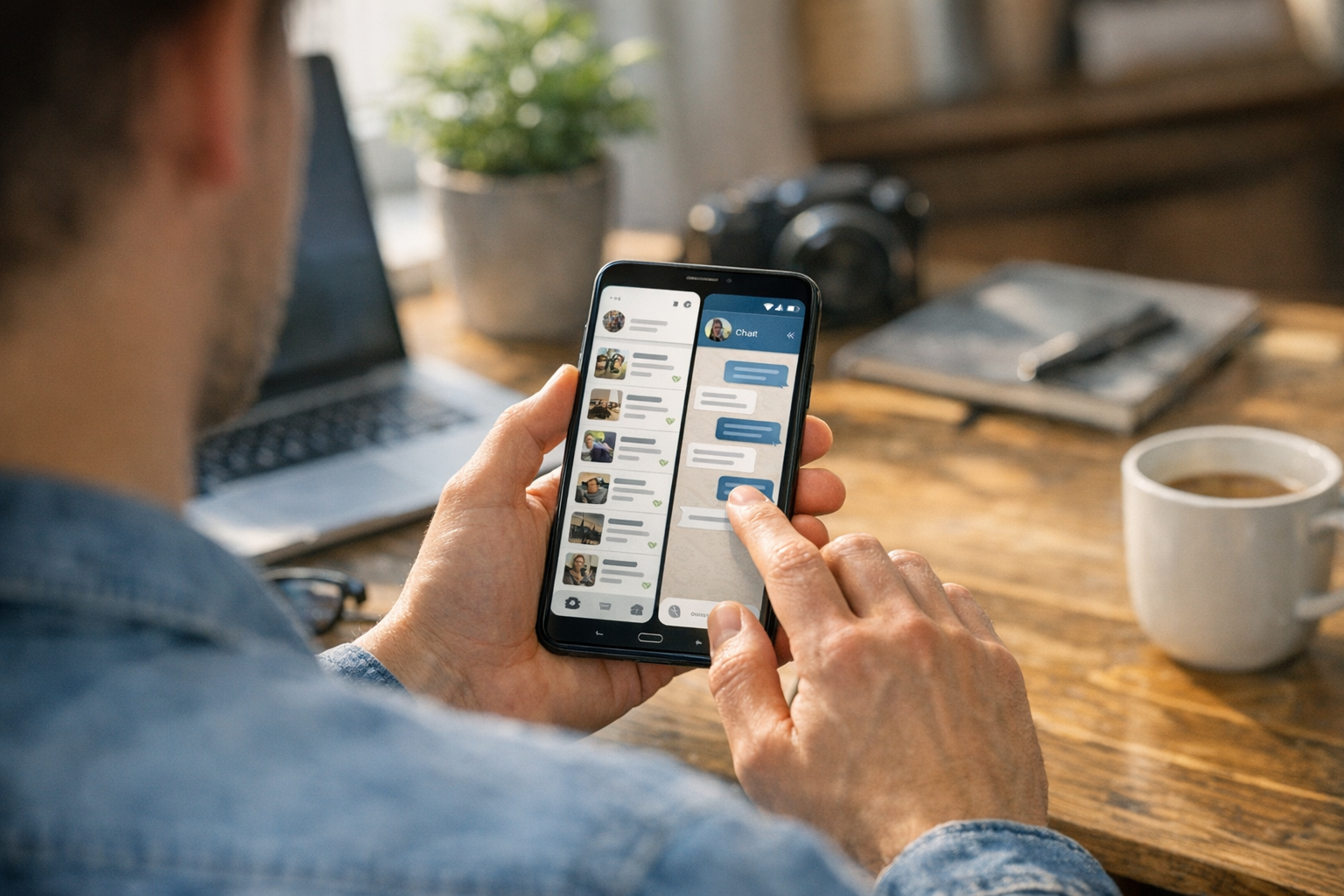 Een realistische scène van iemand die één smartphone gebruikt om privécommunicat...