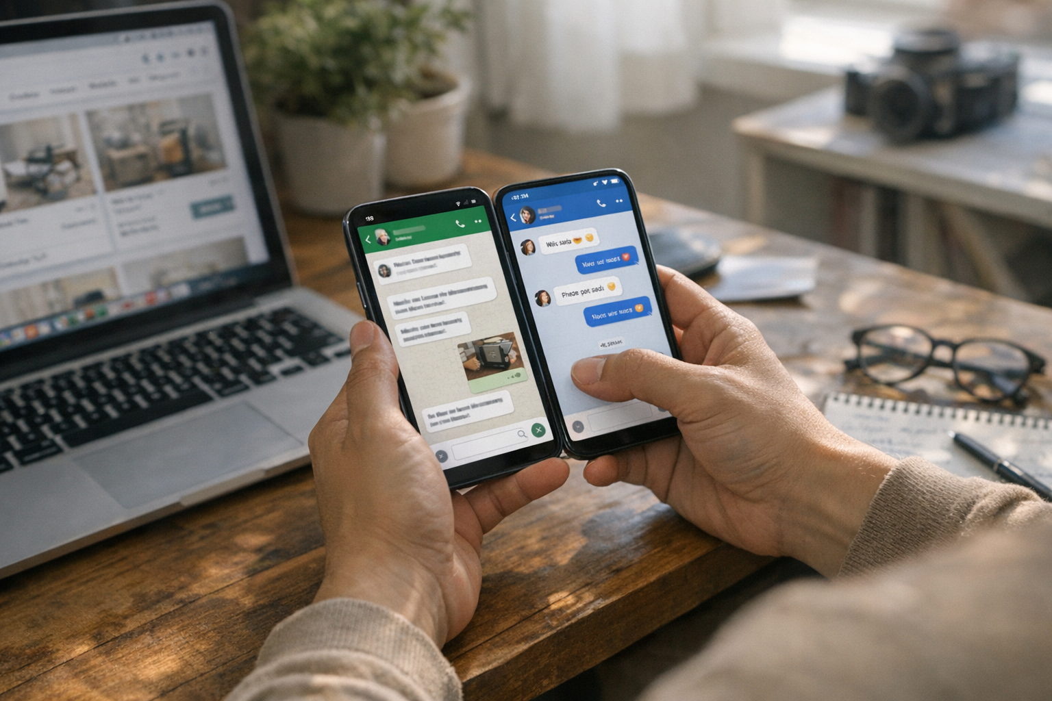 홈오피스 환경에서 한 사람이 하나의 스마트폰으로 중고거래 메시지와 개인 채팅처럼 공개용 연락과 사적 연락을 나눠 관리하는 현실적인 장면, 자연광...