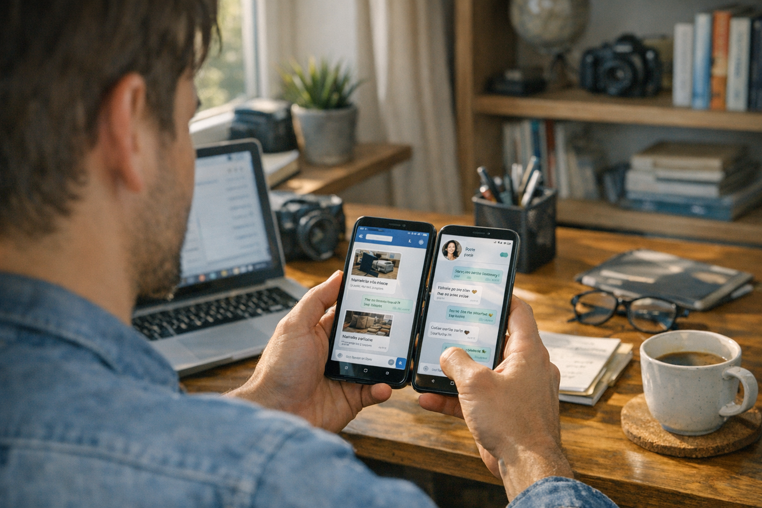 Una escena realista de una persona usando un solo smartphone para gestionar comu...