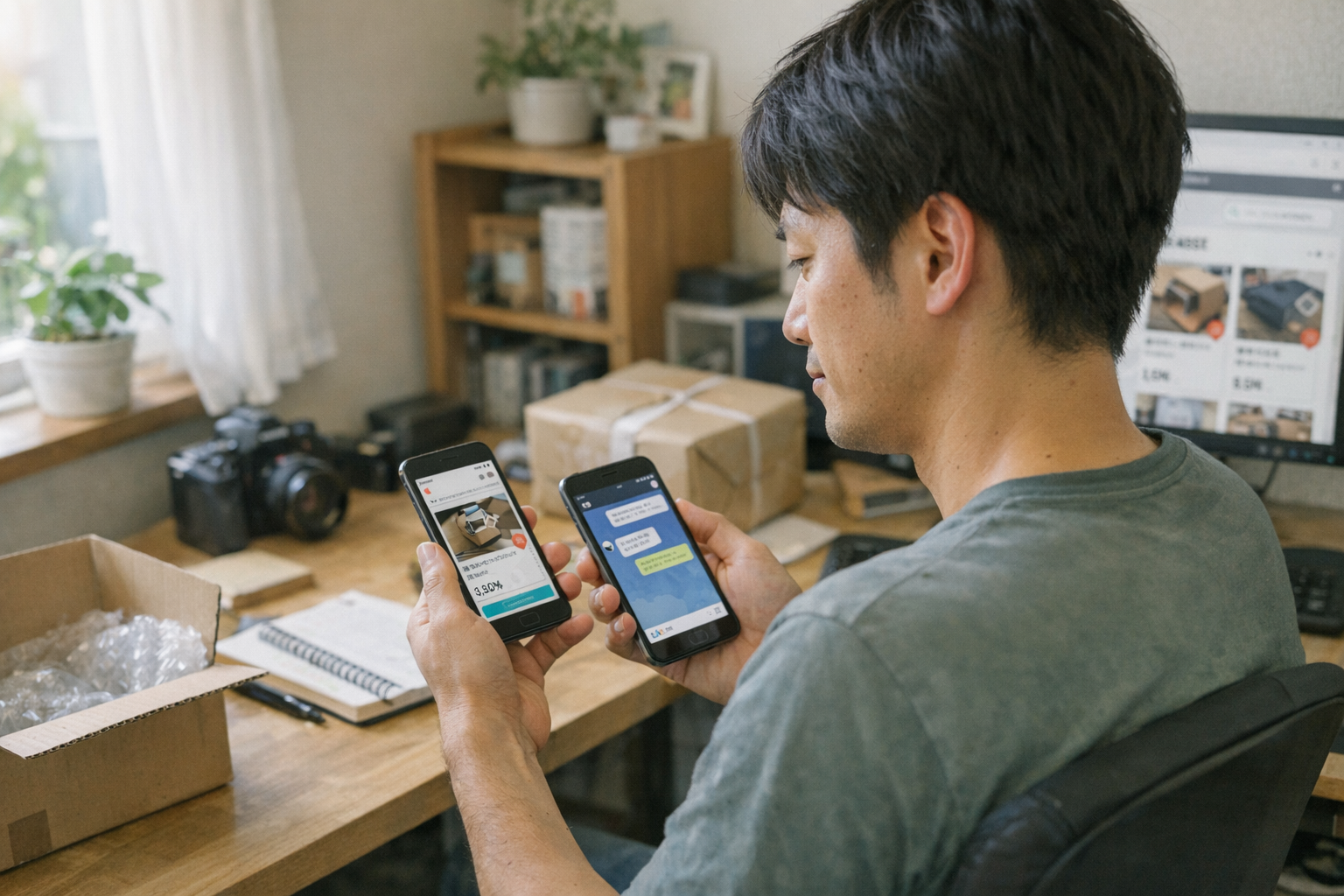 自宅のホームオフィスで、1台のスマートフォンを使ってフリマのやり取りと個人的なチャットを分けて管理している人物のリアルな場面。自然光、飾りすぎない自然なスナップ...