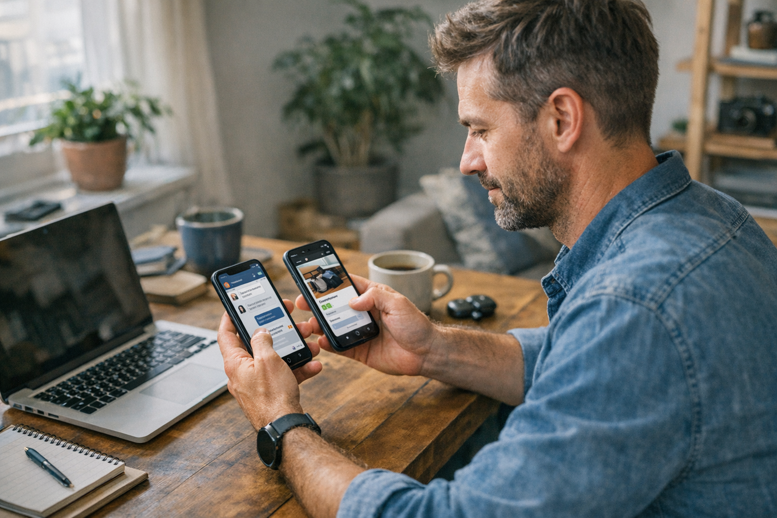סצנה ריאליסטית של אדם המשתמש בסמארטפון אחד כדי לנהל תקשורת אישית וציבורית בנפרד,...